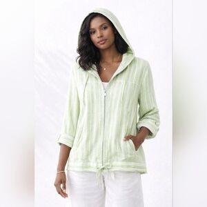 Chico’s Size 1 Cotton Stripe Zip Hoodie Jacket coastal Mint Green Roll Tab Med